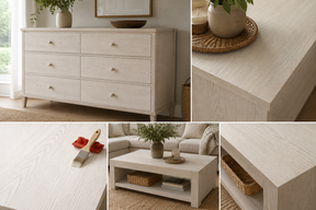 Retique It® Bleached Wood Kit inspiration collage featuring a light wood dresser, coffee table, paintbrush, and red graining tool.
