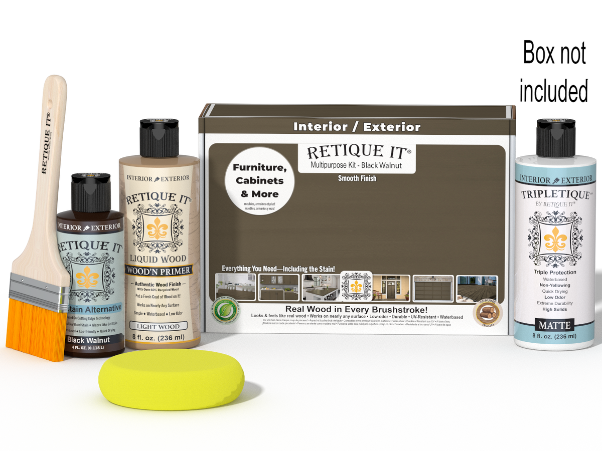 Retique It Black Walnut Kit with box, Matte Tripletique, Light Wood Wood'n Primer, Black Walnut Gel Stain Alternative, paintbrush, and yellow sponge.