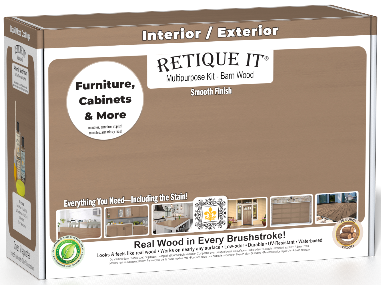 A boxed multipurpose wood finish kit labeled RETIQUE IT, shown at a slight angle to reveal the front and side panels. The packaging is predominantly warm brown with white text and small inset photos of interior and exterior wood surfaces.