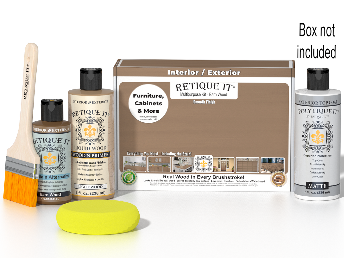 Retique It Barn Wood Kit with box, Light Wood Wood'n Primer, Barn Wood Gel Stain Alternative, Matte Polytique It topcoat, paintbrush, and yellow sponge.