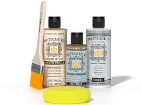 Retique It Barn Wood Kit with Light Wood Wood'n Primer, Barn Wood Gel Stain Alternative, Matte Polytique It topcoat, paintbrush, and yellow sponge.