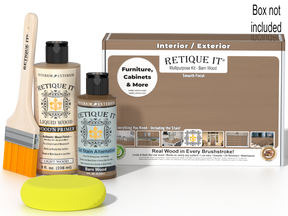 A product kit for wood finish retreating, featuring two bottles of RETIQUE IT Liquid Wood (one Light Wood, one Barn Wood), a brush, and a yellow sponge, alongside a brown product box. A text overlay in the top right corner reads 'Box not included'.
