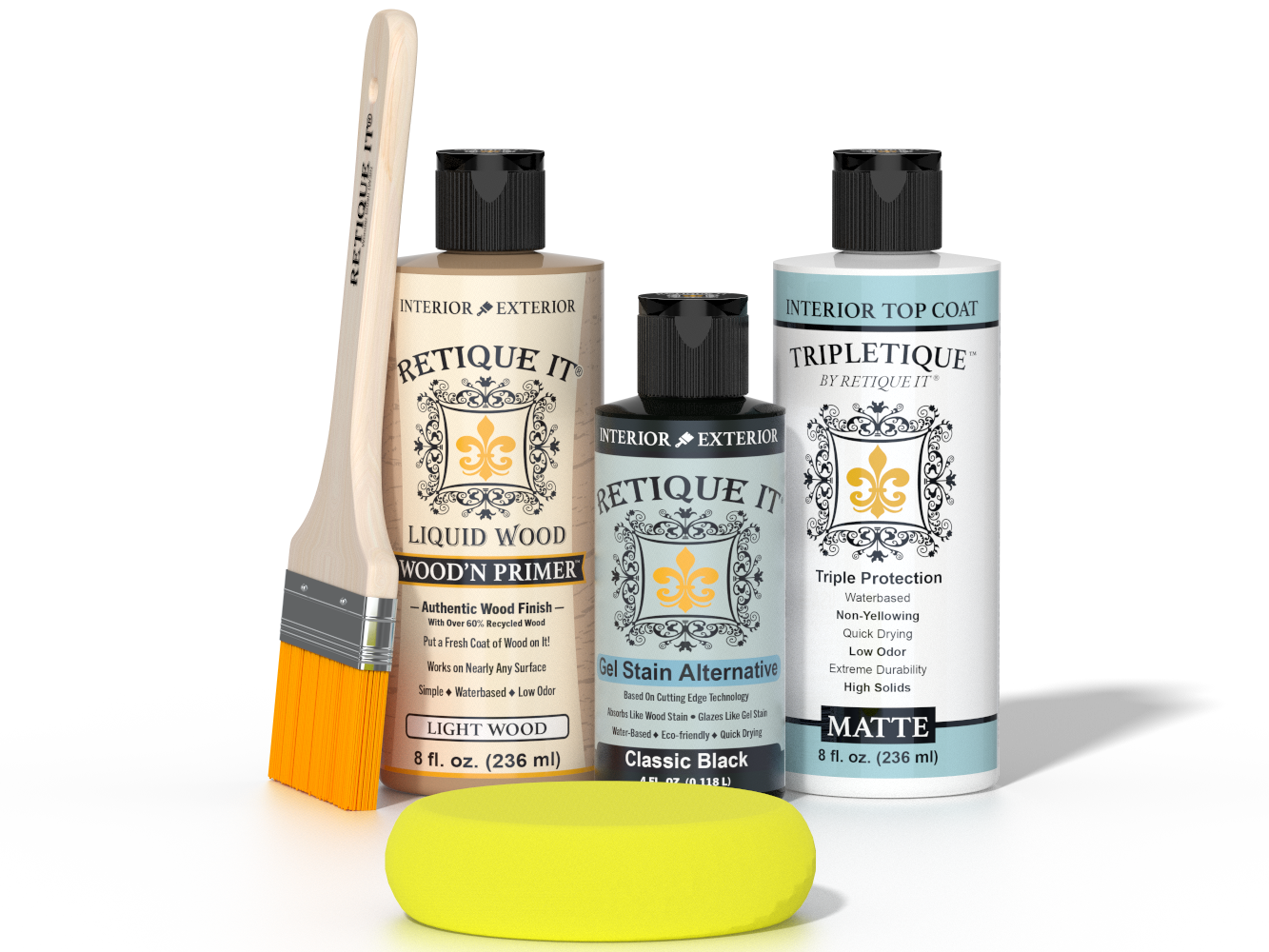 Retique It® Light Wood Wood’n Primer, Classic Black Gel Stain Alternative, matte topcoat, brush, and yellow sponge.