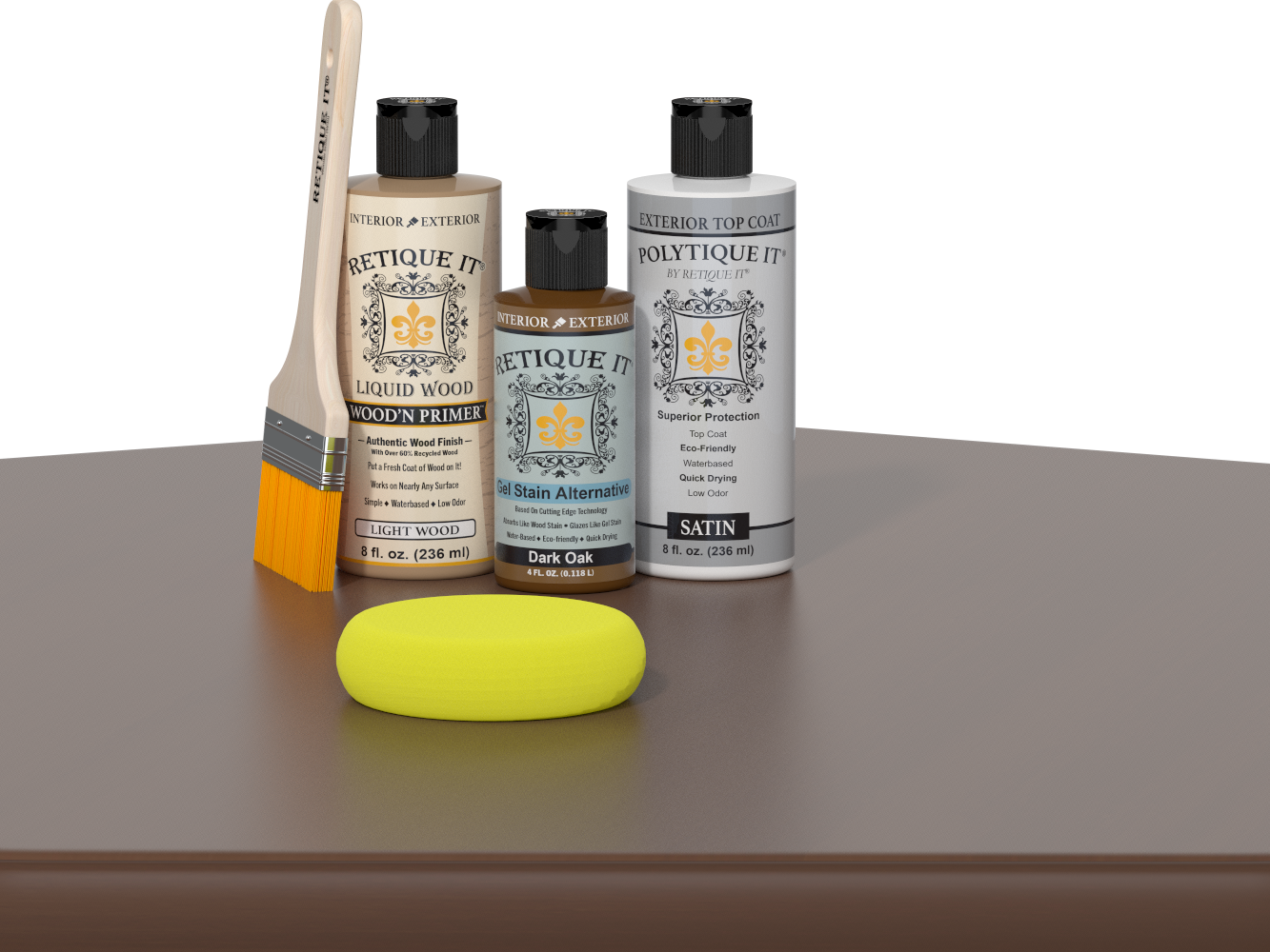 Retique It® Light Wood Wood’n Primer with Dark Oak Gel Stain Alternative, satin topcoat, brush, and yellow sponge on a tabletop.