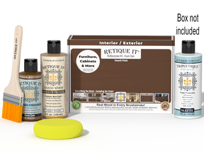 Retique It® Dark Oak Multipurpose Kit with box not included, primer, gel stain alternative, matte topcoat, brush, yellow sponge, and red graining tools.