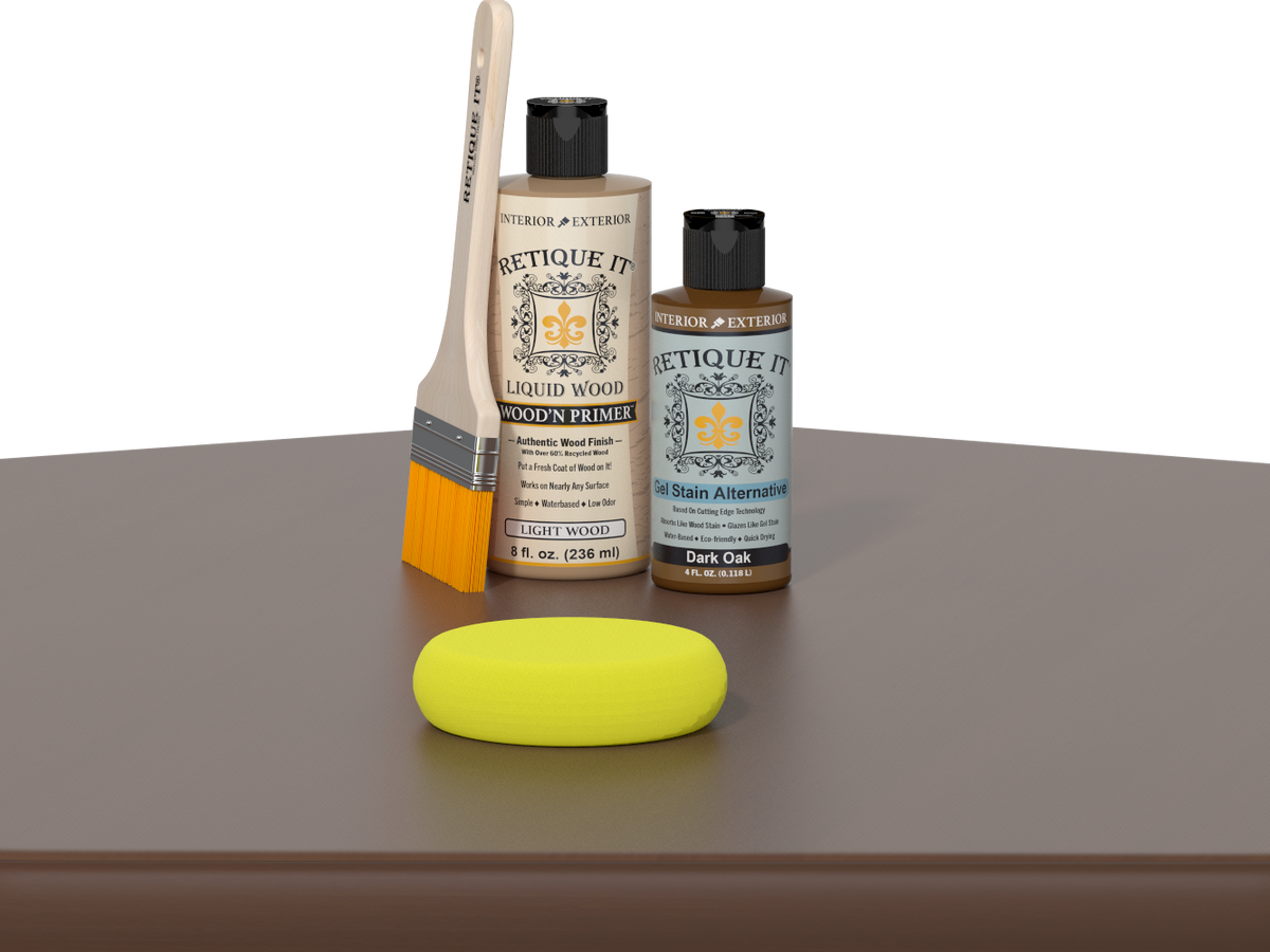 Retique It® Dark Oak Kit with Light Wood’n Primer, Dark Oak Gel Stain Alternative, paintbrush, and yellow sponge on a dark oak tabletop.
