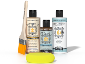 Retique It® Pecan Multipurpose Kit contents with Light Wood Liquid Wood primer, Pecan gel stain alternative, Tripletique matte interior top coat, paintbrush, and yellow sponge.