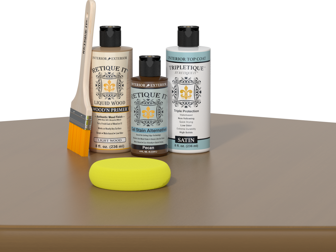 Retique It® Pecan Multipurpose Kit contents with Light Wood Liquid Wood primer, Pecan gel stain alternative, Tripletique satin interior top coat, paintbrush, and yellow sponge displayed on a wood surface.