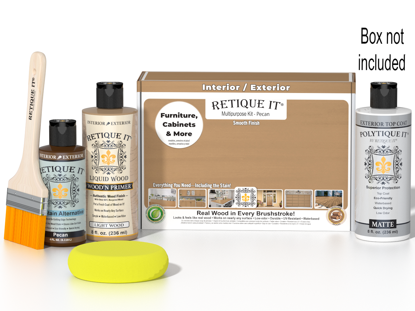 Retique It® Pecan Multipurpose Kit with Light Wood Liquid Wood primer, Pecan gel stain alternative, PolyTique It® matte exterior top coat, paintbrush, and yellow sponge displayed with the product box.