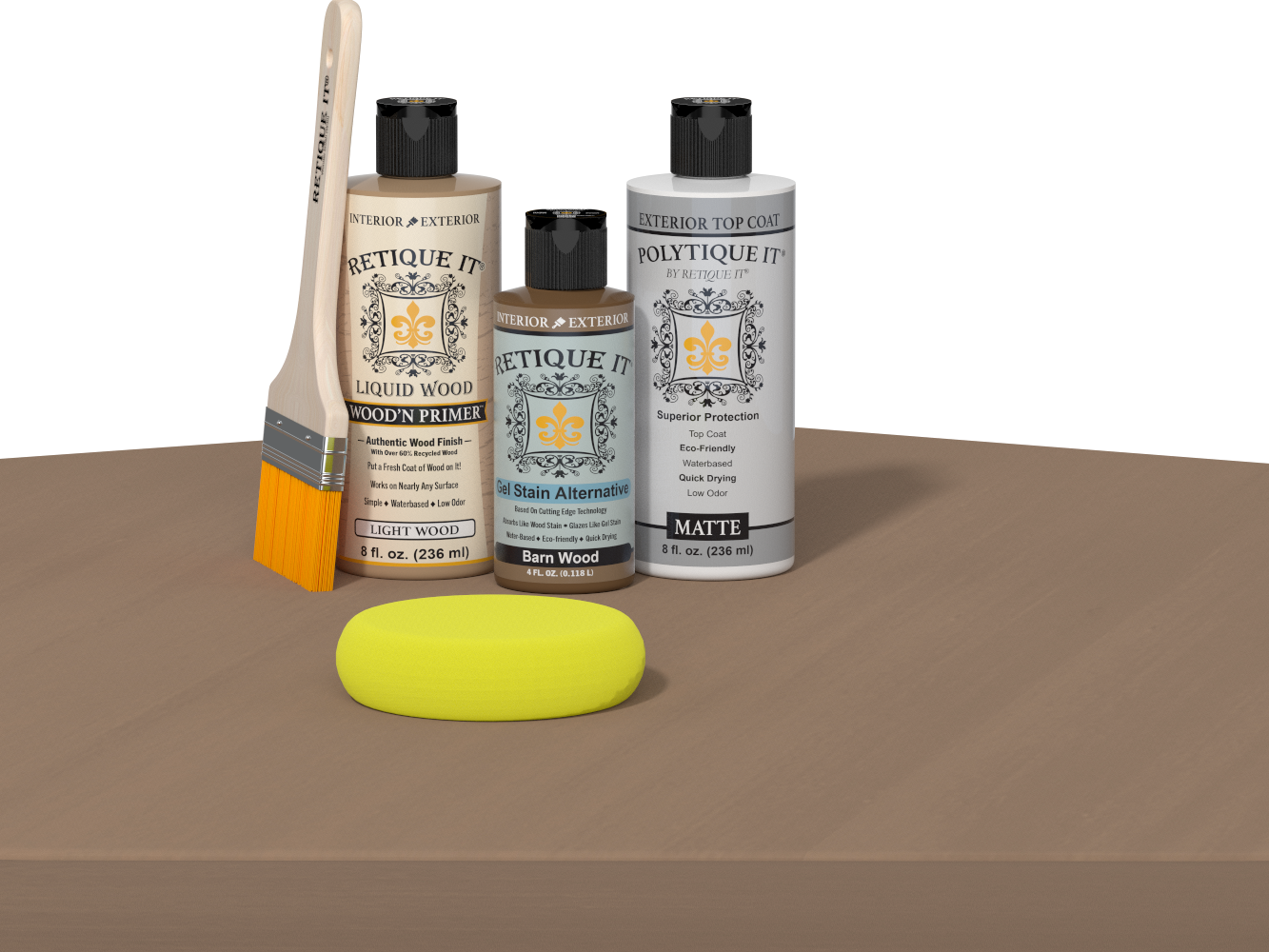 Retique It® Barn Wood Multipurpose Kit contents with Light Wood Liquid Wood primer, Barn Wood gel stain alternative, PolyTique It® matte exterior top coat, paintbrush, and yellow sponge displayed on a wood surface.