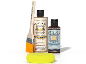 Retique It® Light Wood Wood’n Primer with Red Mahogany Gel Stain Alternative, brush, and yellow sponge.