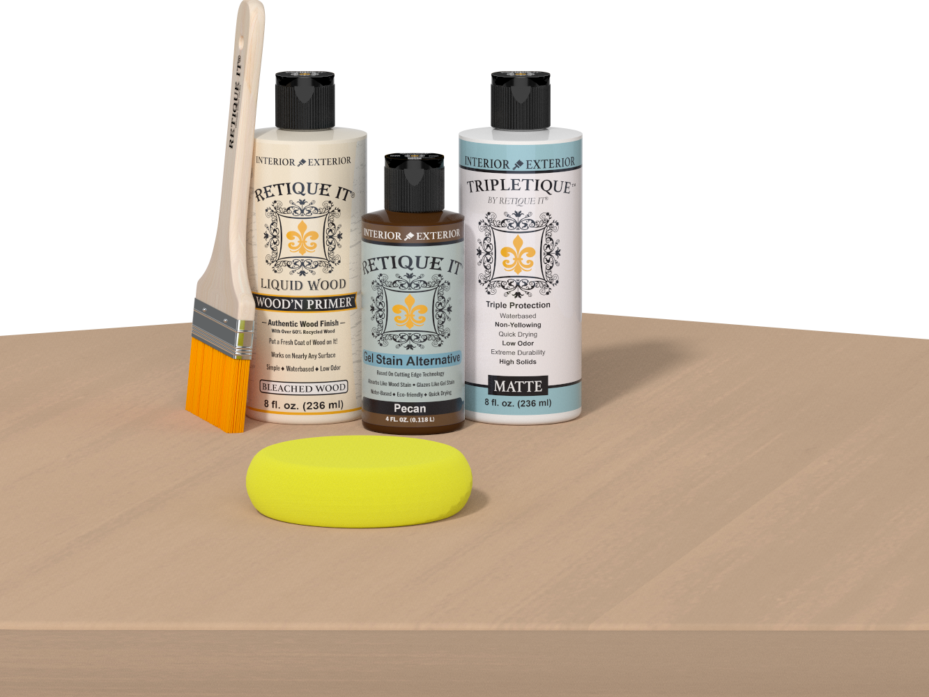Retique It® Pecan Multipurpose Kit contents with Bleached Wood Liquid Wood primer, Pecan gel stain alternative, Tripletique matte top coat, paintbrush, and yellow sponge displayed on a light wood surface.