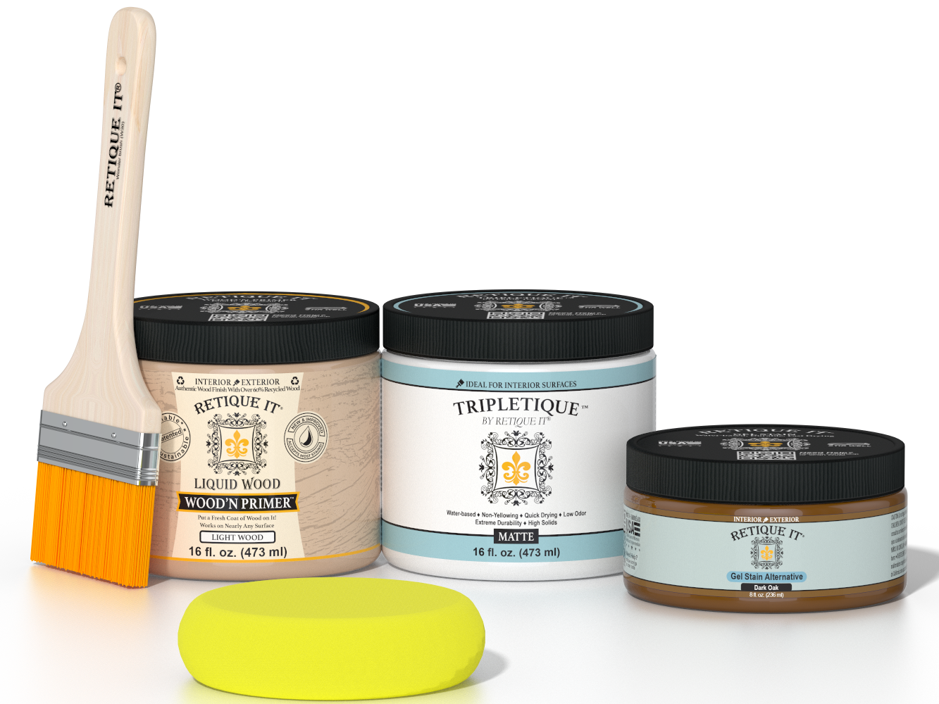 Retique It® Dark Oak Multipurpose Kit contents with Liquid Wood primer, Dark Oak gel stain alternative, Tripletique matte interior top coat, paintbrush, and yellow sponge.