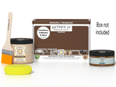 Retique It® Dark Oak Multipurpose Kit with Liquid Wood primer, Dark Oak gel stain alternative, paintbrush, and yellow sponge displayed with the product box.