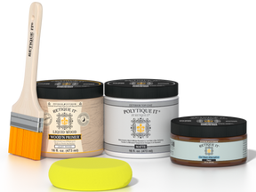 Retique It® Pecan Multipurpose Kit contents with Light Wood Liquid Wood primer, Pecan gel stain alternative, PolyTique It® matte exterior top coat, paintbrush, and yellow sponge.
