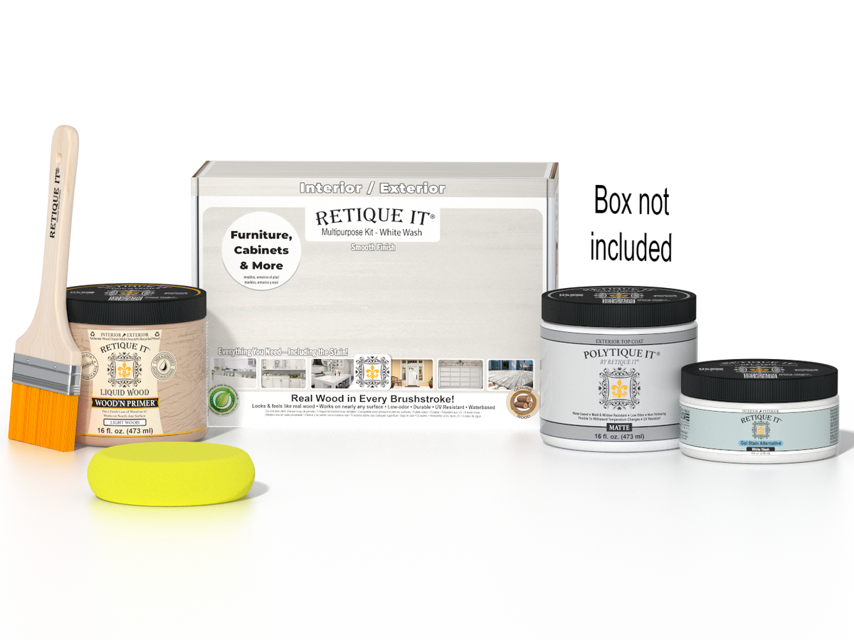 Retique It® White Wash Multipurpose Kit with Liquid Wood primer, White Wash gel stain alternative, PolyTique It® matte exterior top coat, paintbrush, and yellow sponge displayed with the product box.