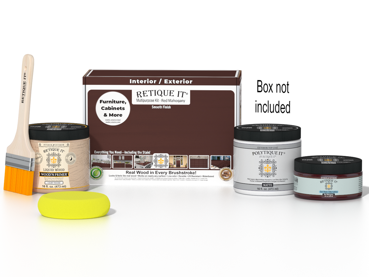 Retique It® Red Mahogany Multipurpose Kit with Liquid Wood primer, Red Mahogany gel stain alternative, PolyTique It® matte exterior top coat, paintbrush, and yellow sponge displayed with the product box.