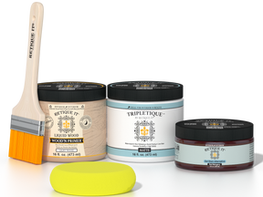 Retique It® Red Mahogany Multipurpose Kit contents with Liquid Wood primer, Red Mahogany gel stain alternative, Tripletique matte interior top coat, paintbrush, and yellow sponge.