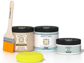 Retique It® White Wash Multipurpose Kit contents with Liquid Wood primer, White Wash gel stain alternative, Tripletique matte interior top coat, paintbrush, and yellow sponge.