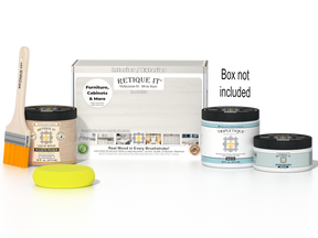Retique It® White Wash Multipurpose Kit with Liquid Wood primer, White Wash gel stain alternative, Tripletique matte interior top coat, paintbrush, and yellow sponge displayed with the product box.