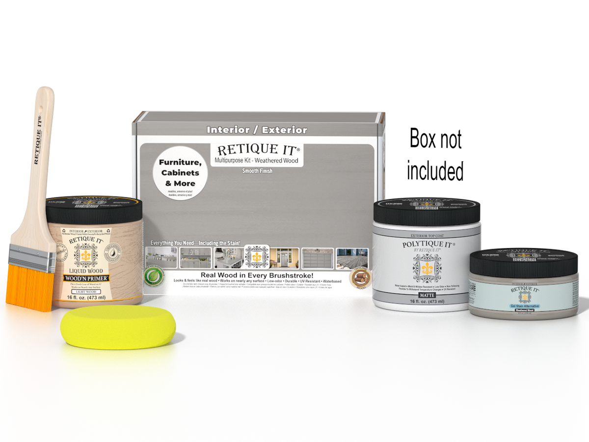Retique It® Weathered Wood Multipurpose Kit with Liquid Wood primer, Weathered Wood gel stain alternative, PolyTique It® matte exterior top coat, paintbrush, and yellow sponge displayed with the product box.