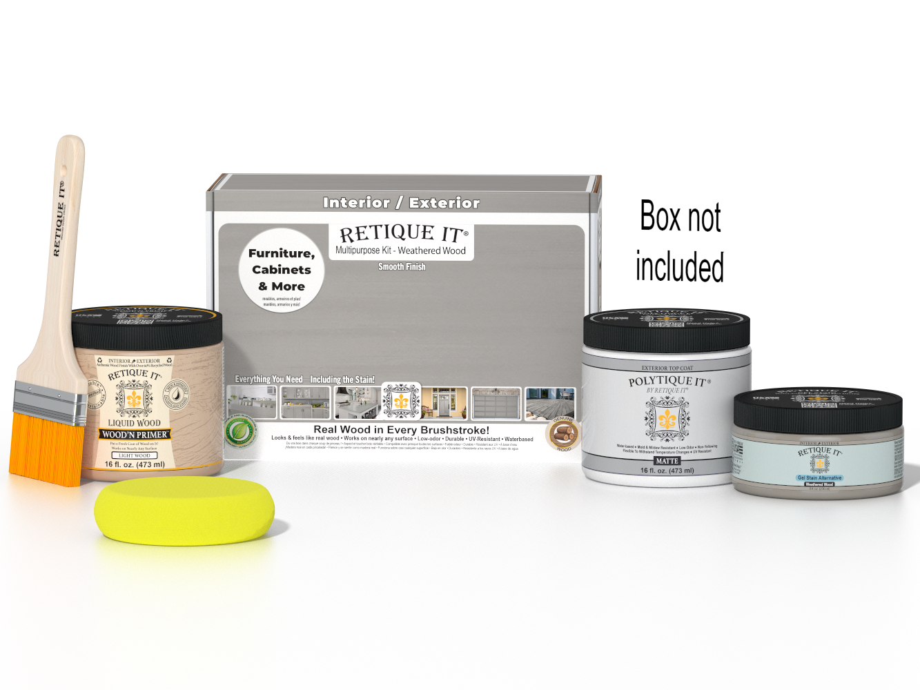 Retique It® Weathered Wood Multipurpose Kit with Liquid Wood primer, Weathered Wood gel stain alternative, PolyTique It® matte exterior top coat, paintbrush, and yellow sponge displayed with the product box.
