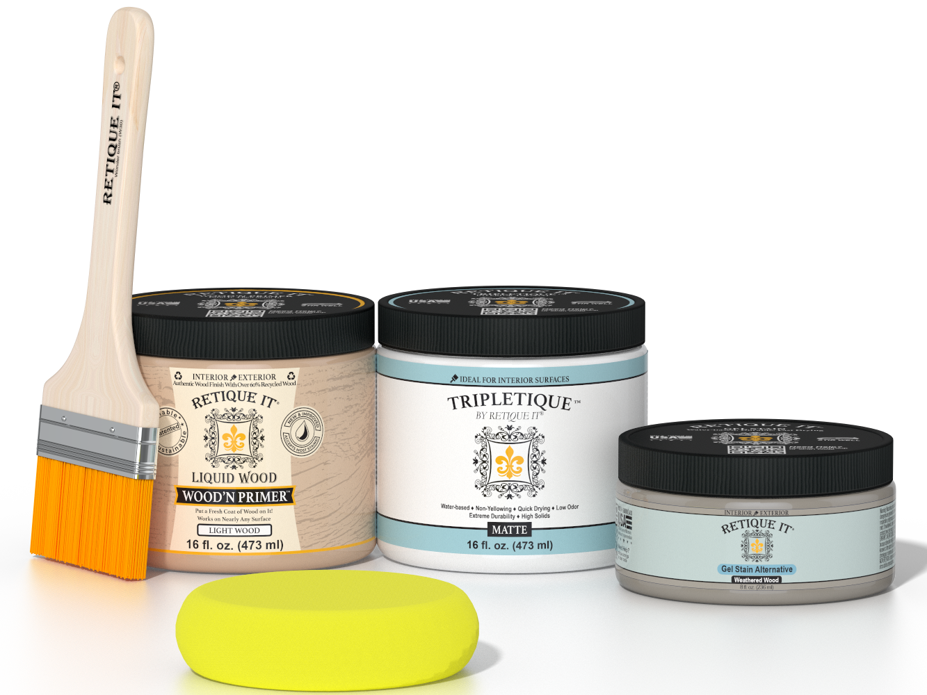 Retique It® Weathered Wood Multipurpose Kit contents with Liquid Wood primer, Weathered Wood gel stain alternative, Tripletique matte interior top coat, paintbrush, and yellow sponge.