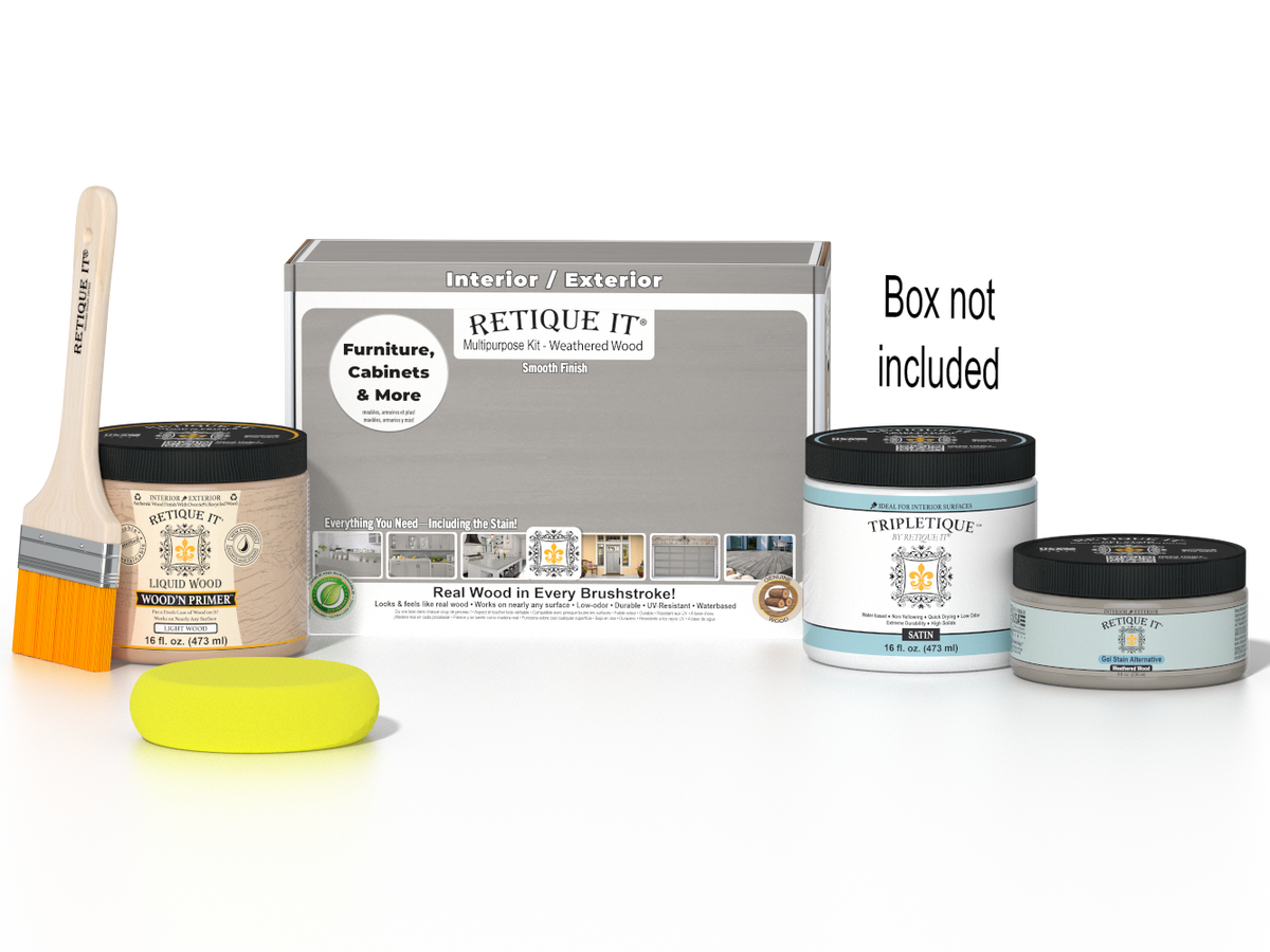Retique It® Weathered Wood Multipurpose Kit with Liquid Wood primer, Weathered Wood gel stain alternative, Tripletique satin interior top coat, paintbrush, and yellow sponge displayed with the product box.