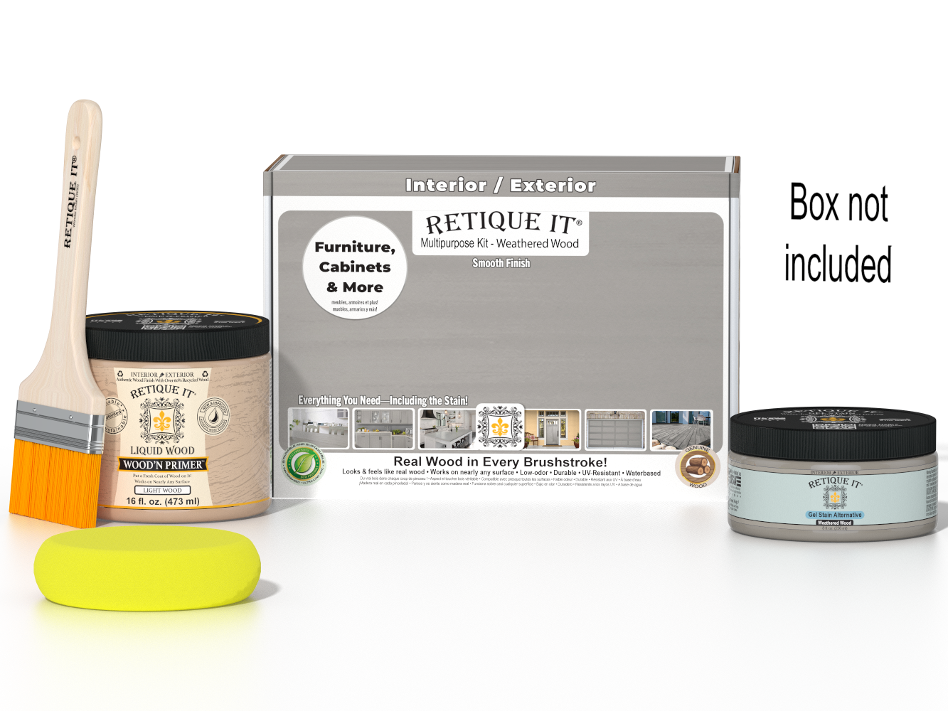 Retique It® Weathered Wood Multipurpose Kit with Liquid Wood primer, Weathered Wood gel stain alternative, paintbrush, and yellow sponge displayed with the product box.