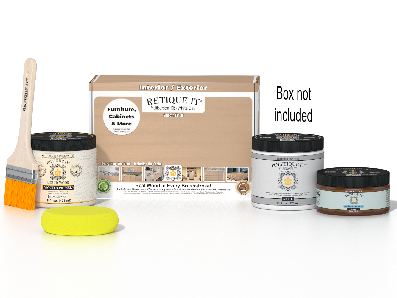Retique It® White Oak Multipurpose Kit with Liquid Wood primer, Pecan gel stain alternative, matte exterior top coat, paintbrush, and yellow sponge displayed with the product box.