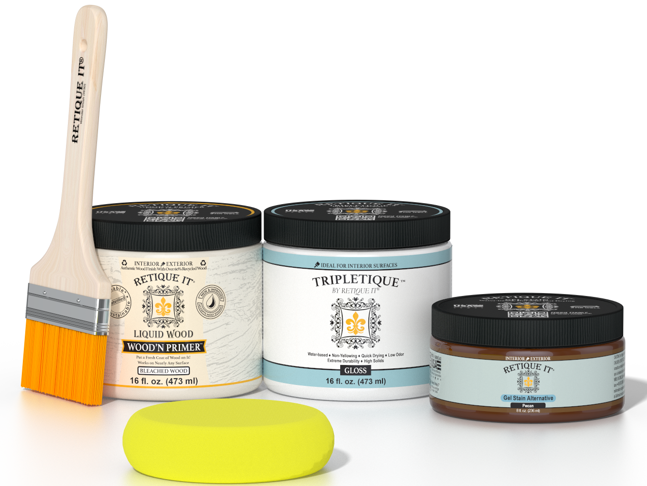 Retique It® White Oak Multipurpose Kit contents with Liquid Wood primer, Pecan gel stain alternative, Tripletique gloss interior top coat, paintbrush, and yellow sponge.