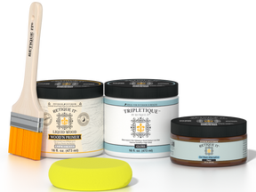 Retique It® White Oak Multipurpose Kit contents with Liquid Wood primer, Pecan gel stain alternative, Tripletique gloss interior top coat, paintbrush, and yellow sponge.