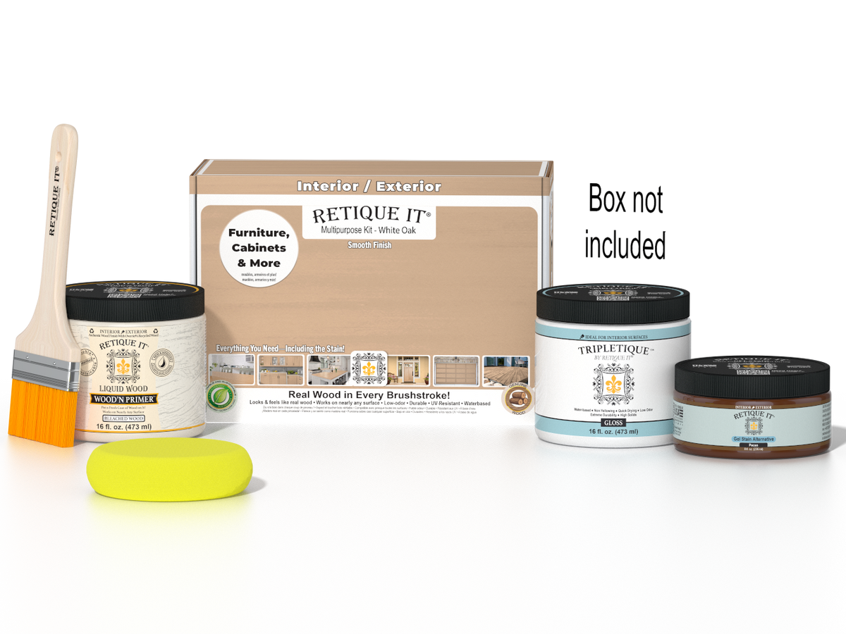Retique It® White Oak Multipurpose Kit with Liquid Wood primer, Pecan gel stain alternative, Tripletique gloss interior top coat, paintbrush, and yellow sponge displayed with the product box.