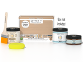 Retique It® White Oak Multipurpose Kit with Liquid Wood primer, Pecan gel stain alternative, Tripletique gloss interior top coat, paintbrush, and yellow sponge displayed with the product box.