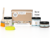 Retique It® White Oak Multipurpose Kit with Liquid Wood primer, Pecan gel stain alternative, Tripletique matte interior top coat, paintbrush, and yellow sponge displayed with the product box.