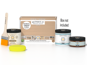 Retique It® White Oak Multipurpose Kit with Liquid Wood primer, Pecan gel stain alternative, Tripletique matte interior top coat, paintbrush, and yellow sponge displayed with the product box.