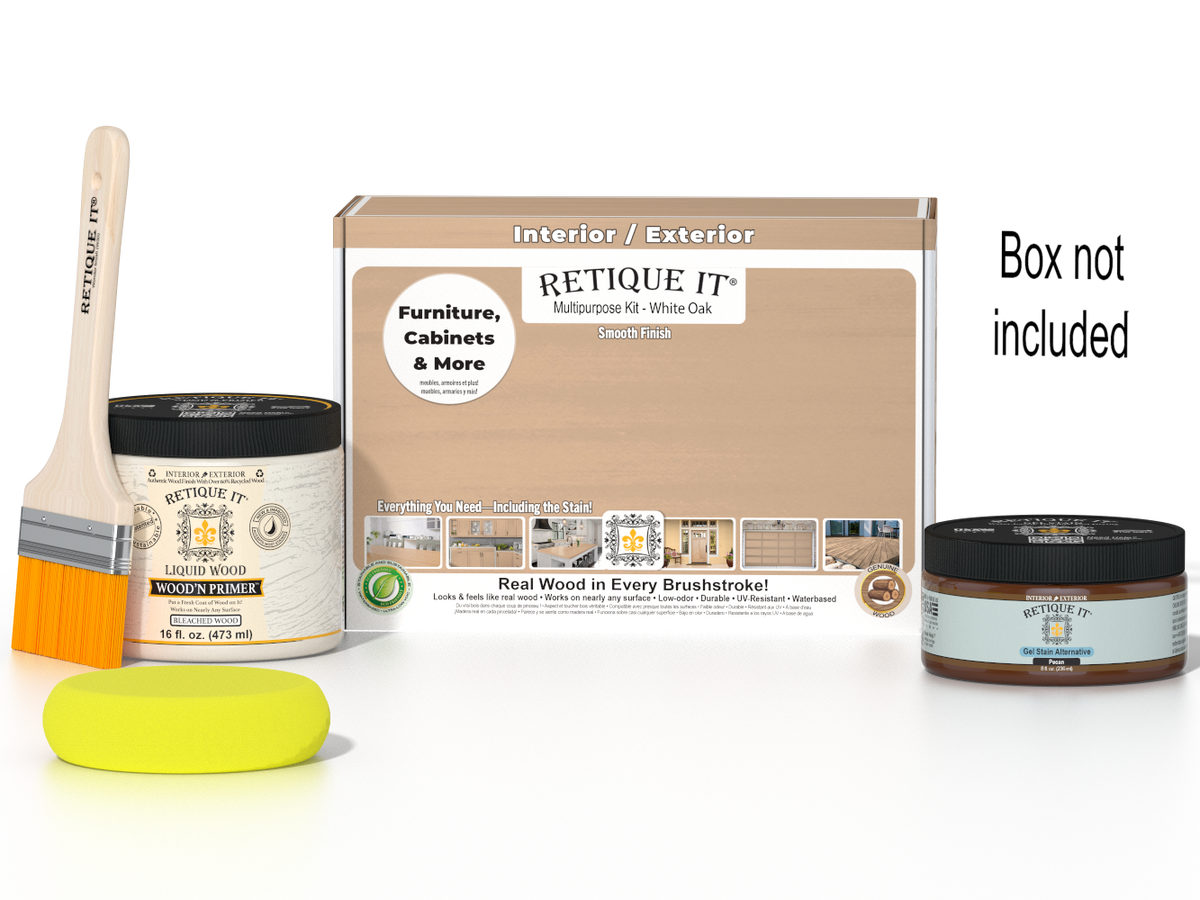 Retique It® White Oak Multipurpose Kit with Liquid Wood primer, gel stain alternative, paintbrush, and yellow sponge displayed in front of the product box.