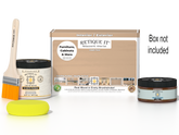 Retique It® White Oak Multipurpose Kit with Liquid Wood primer, gel stain alternative, paintbrush, and yellow sponge displayed in front of the product box.