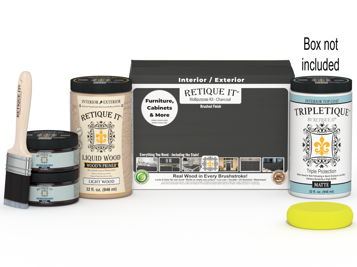 Retique It® Multi-purpose Smooth Finish Kit (Large) in charcoal for interior wood top coating, includes application tools and instructions.