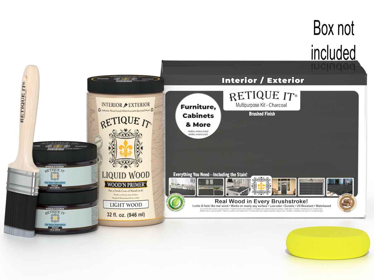 Large Charcoal Wood'n Finish Kit by Retique It® includes tools for smooth finishing on wood surfaces.