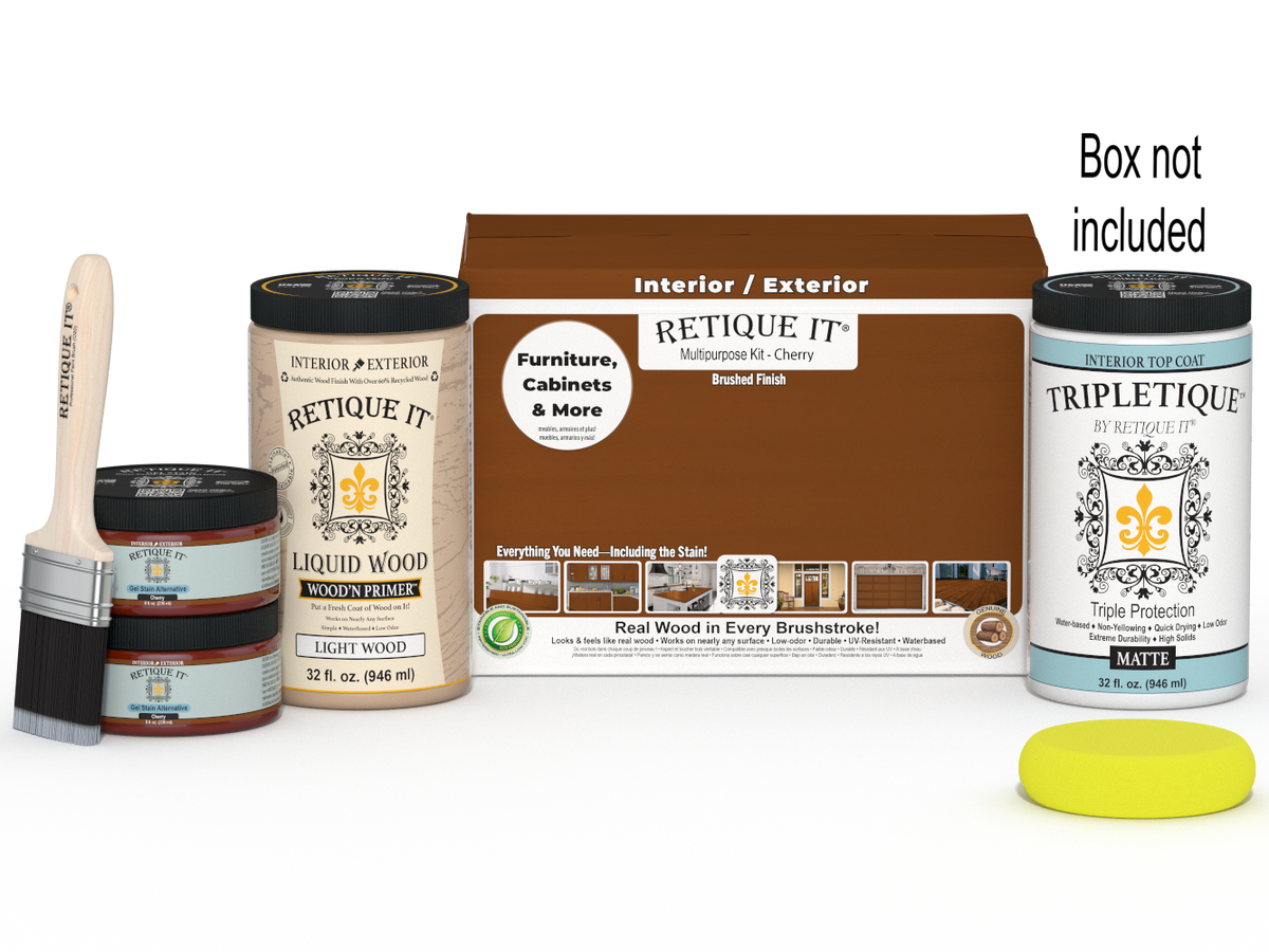 Large Cherry wood finish kit by Retique It® for interior projects, featuring smooth, multi-purpose top coat in a wood'n finish set.