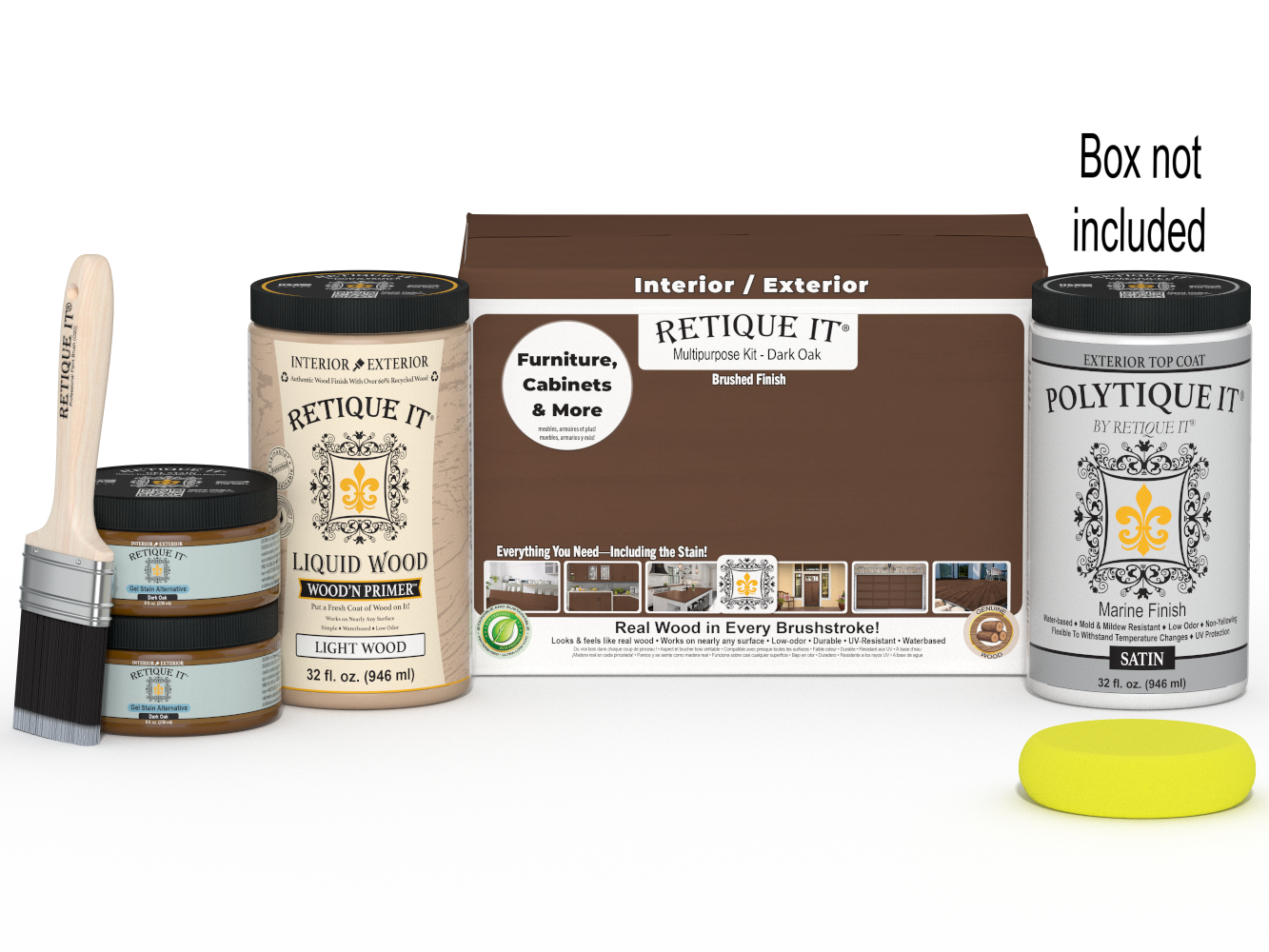 Retique It® Multi-purpose Smooth Finish Kit (Large) in Dark Oak with exterior top coat and applicator brushes for wood finishing.