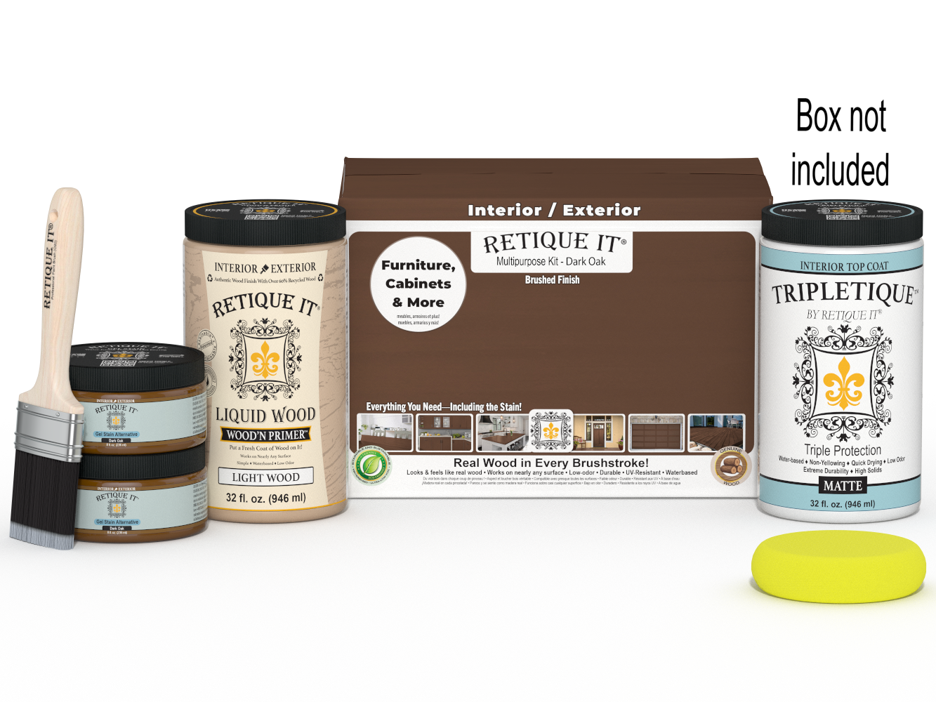 Retique It® Multi-purpose Smooth Finish Kit in Dark Oak for interior wood projects, includes top coat and application tools.