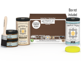 Large Dark Oak wood finish kit by Retique It with interior top coat and tools for smooth wood surface application.