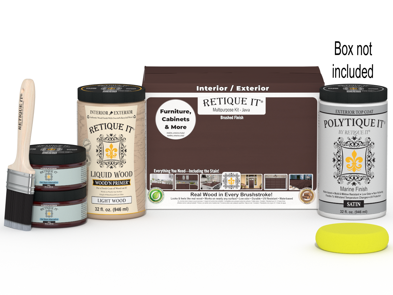Retique It® Multi-purpose Smooth Finish Kit (Large) in Java with wood top coat and applicator brush for exterior wood projects.
