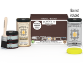 Retique It Multi-purpose Smooth Finish Kit (Large) in Java with wood top coat and applicator brush for exterior wood projects.