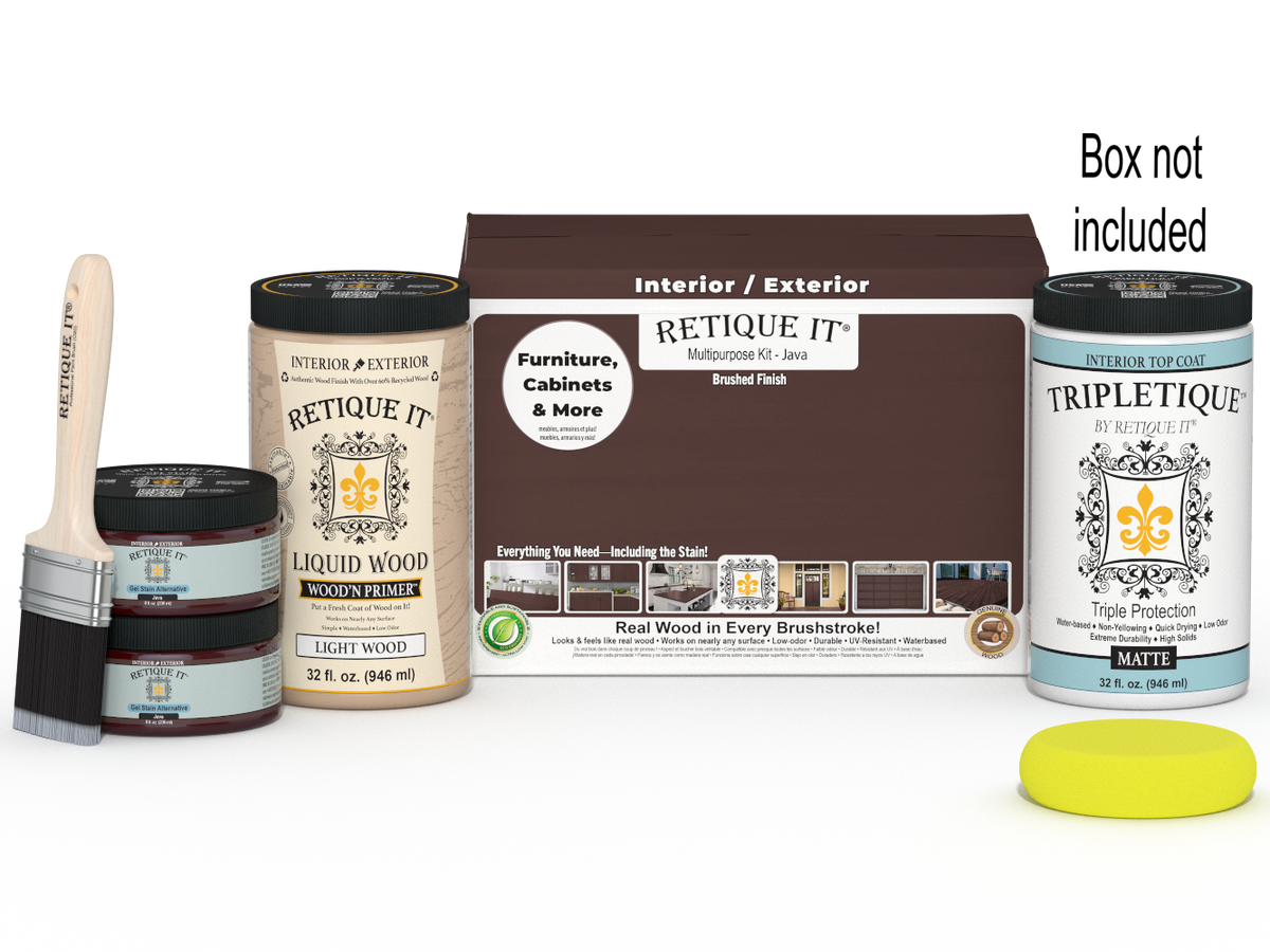 Retique It® Multi-purpose Smooth Finish Kit (Large) in Java for interior wood projects, includes top coat and application tools.