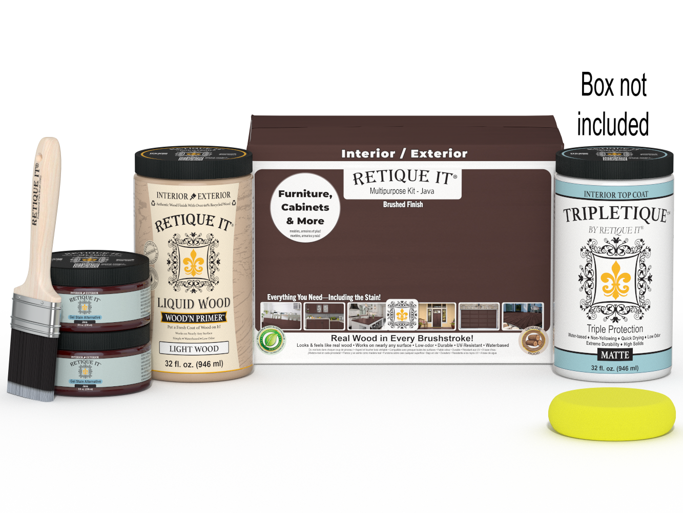 Retique It® Multi-purpose Smooth Finish Kit (Large) in Java for interior wood projects, includes top coat and application tools.
