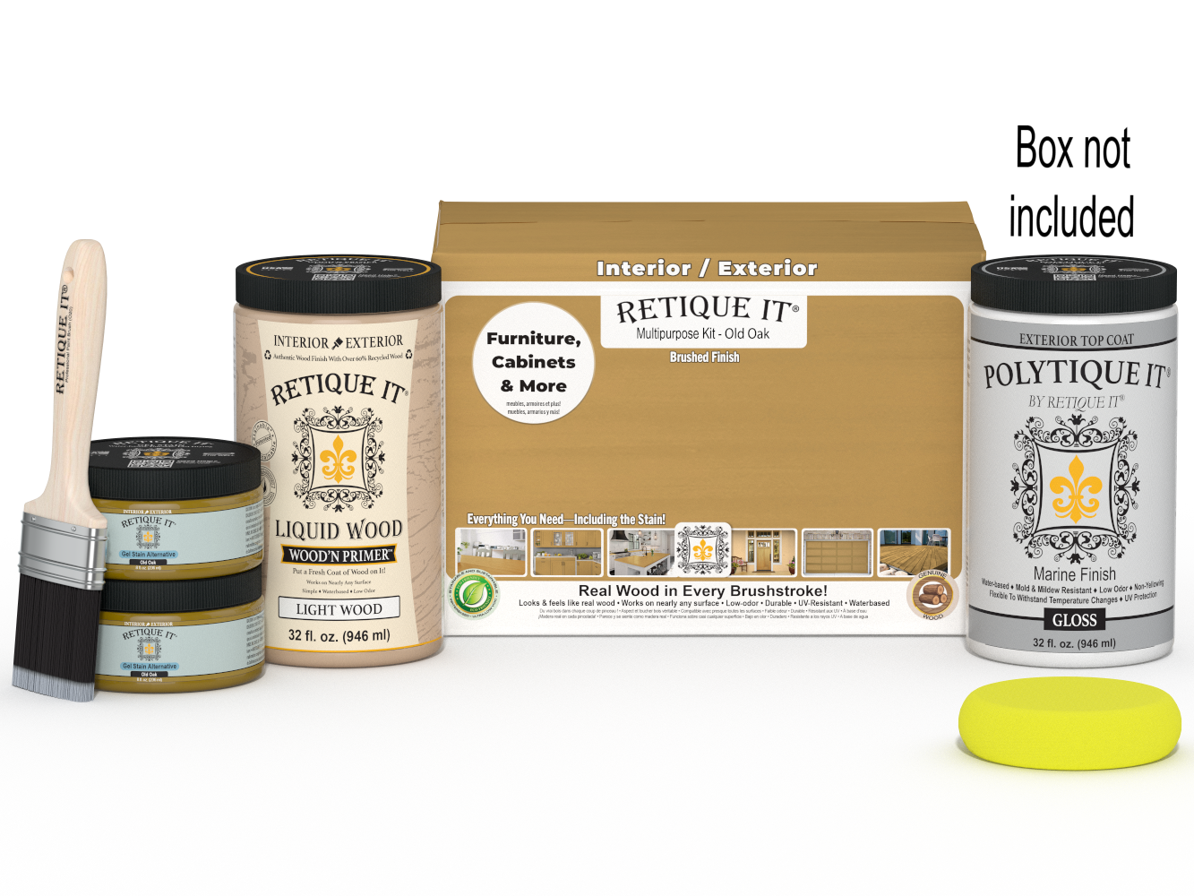 Retique It® Multi-purpose Smooth Finish Kit in Old Oak for exterior top coat, large size with gloss finish, includes application tools