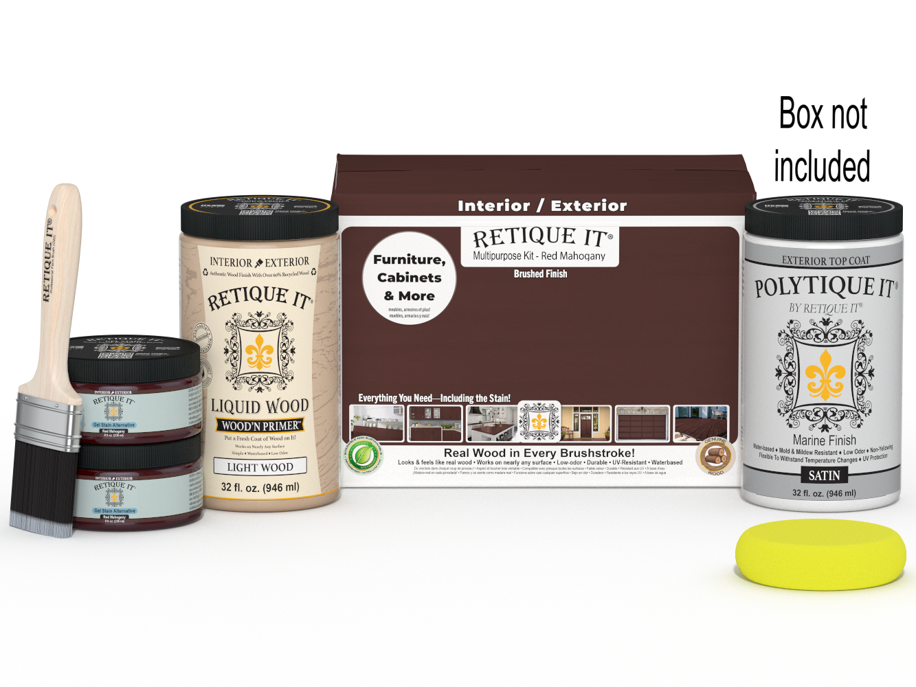 Retique It® large multi-purpose wood finish kit with red mahogany exterior top coat and smooth finish, includes application tools.